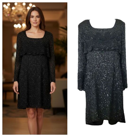 Vintage Lawrence Kazar 100% Silk Beaded and Sequin Evening Gown in Black Size XL - Picture 1 of 10